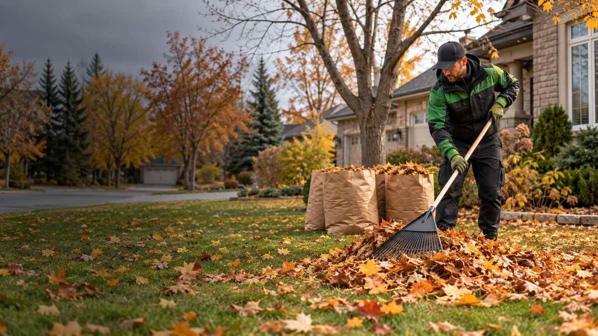Professional fall cleanup service raking leaves in Calgary